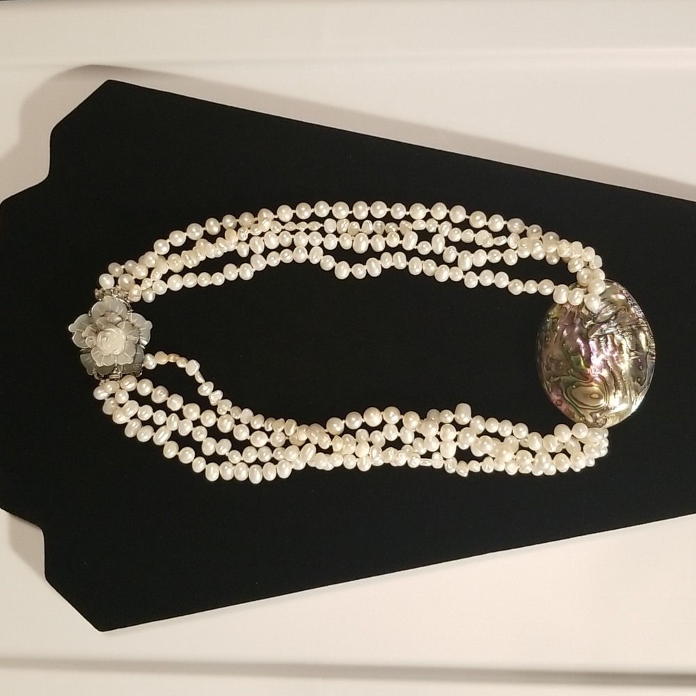 Freshwater Mixed Variety Pearl 19" Necklace: round, potato, biwa, with Abalone